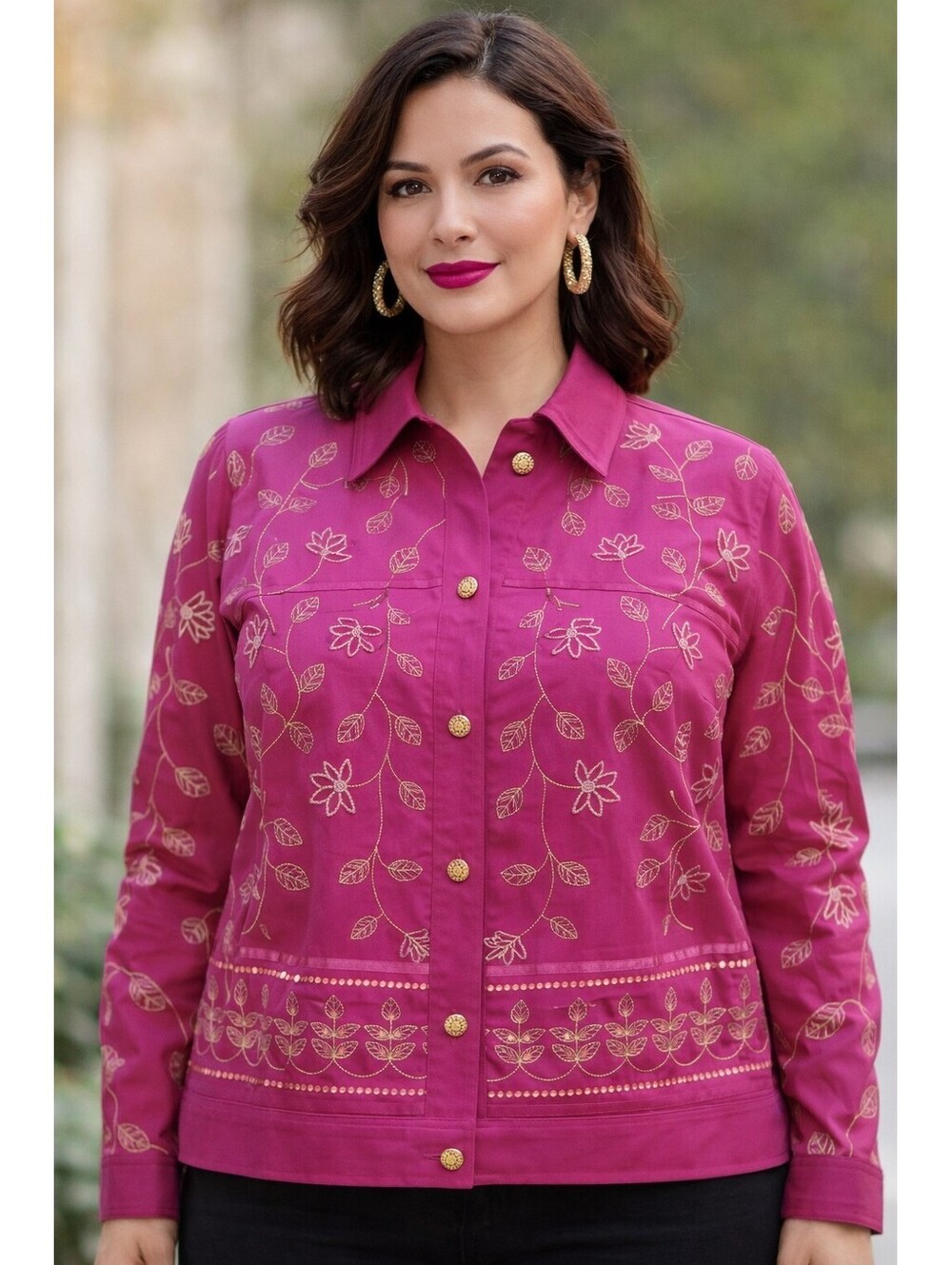 Hot Pink Gold Floral Embroidered Sequin Stretch Jacket Button Up Medium Classic